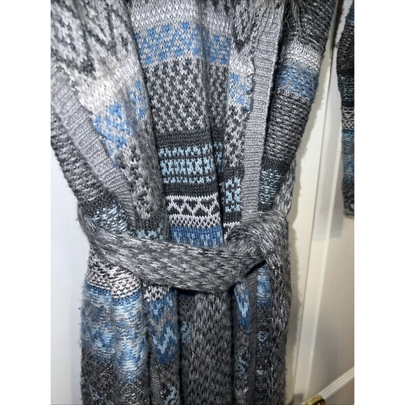 Chico's Elaine Cardigan Sweater XS Blue Gray Faux Fur Long Sleeve Tie Belt Cozy - Picture 4 of 16